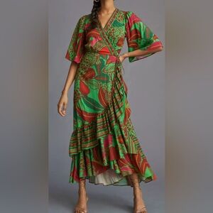 Anthropologie Farm Rio Flutter-Sleeve Wrap Maxi Dress Green, Size Small